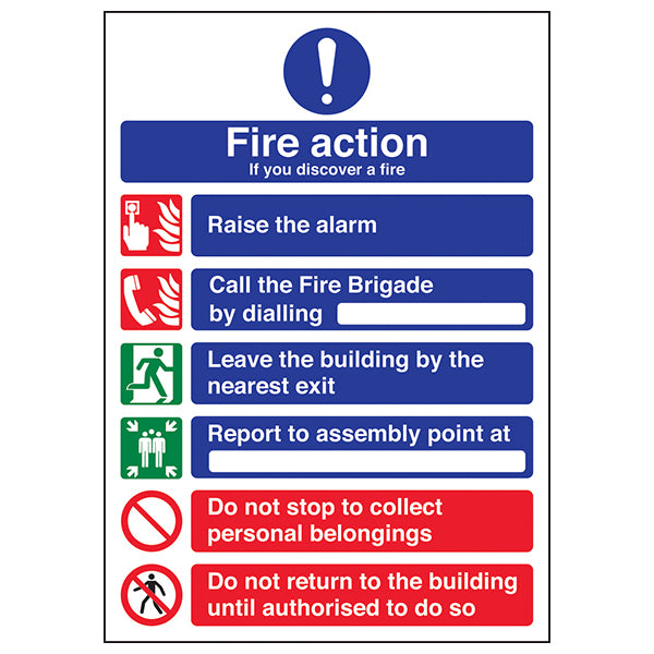 A4 6 Point Fire Action Safety Sign Clear Workplace Office