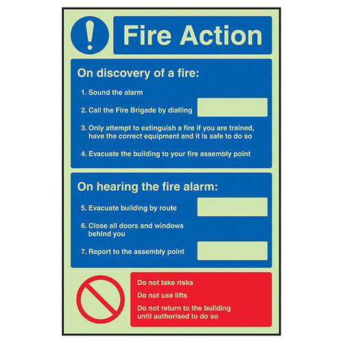GITD Photoluminescent Fire Action Safety Sign For Workplace