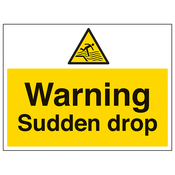 The My Store Warning Sudden Drop - Large Landscape is a yellow EN ISO 7010 hazard sign with a falling person triangle symbol and "Warning Sudden Drop" text, ideal for safety use.