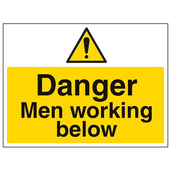 Danger Men Working Below Large Landscape Sign For Workplace