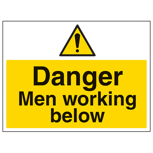 Danger Men Working Below Large Landscape Sign For Workplace