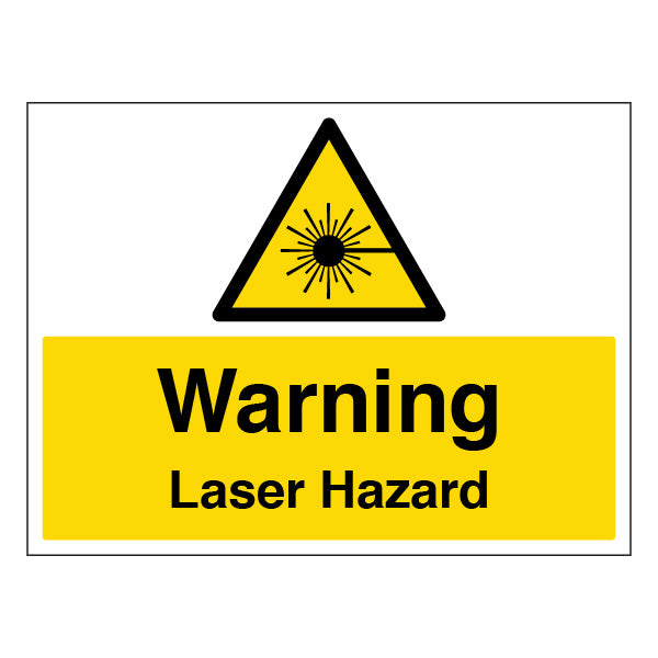 The My Store Warning Laser Hazard Large Landscape Safety Sign features a yellow triangle with a laser beam symbol above the words “Warning Laser Hazard” to alert workplace staff of potential laser hazards.