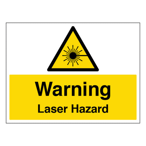 The My Store Warning Laser Hazard Large Landscape Safety Sign features a yellow triangle with a laser beam symbol above the words “Warning Laser Hazard” to alert workplace staff of potential laser hazards.