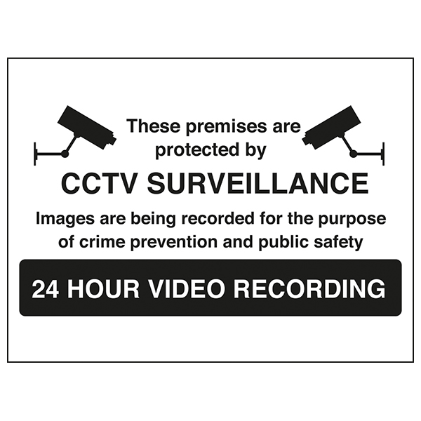 The My Store CCTV Warning Sign 24 Hour Recording for Worksite Safety features black and white safety icons and alerts: "These premises are protected by CCTV surveillance. 24 hour recording for crime prevention and public safety.