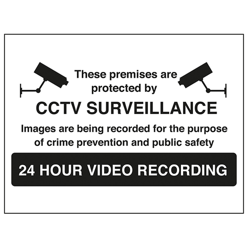 The My Store CCTV Warning Sign 24 Hour Recording for Worksite Safety features black and white safety icons and alerts: 