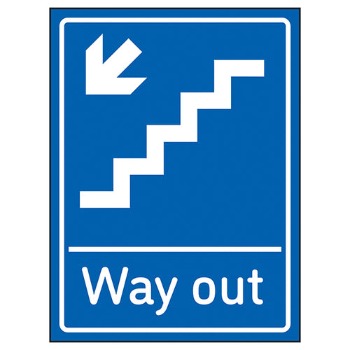 Way Out Arrow Down Stairs Left Safety Sign For Buildings