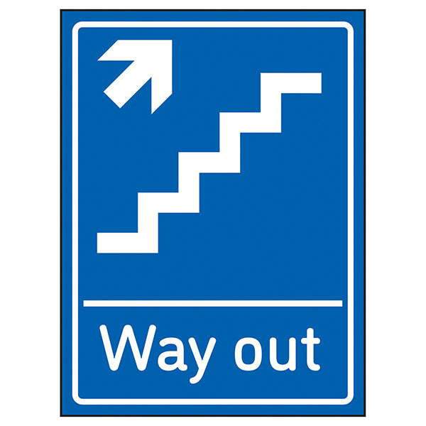 Way Out Arrow Up Stairs Right Blue Safety Sign For Visitors