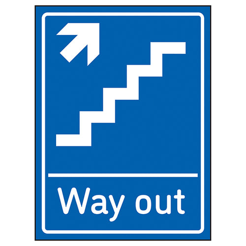 Way Out Arrow Up Stairs Right Blue Safety Sign For Visitors