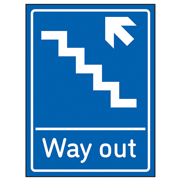 Way Out Arrow Up Stairs Left Blue Safety Sign For Visitors