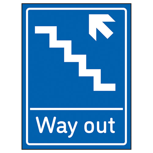 Way Out Arrow Up Stairs Left Blue Safety Sign For Visitors
