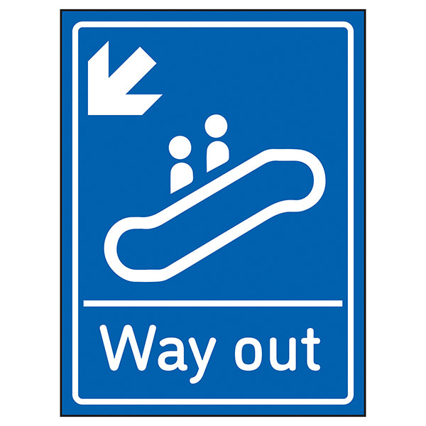 Way Out Arrow Down Left Blue Safety Sign Clear For Visitors