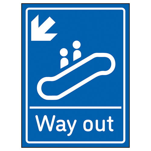 Way Out Arrow Down Left Blue Safety Sign Clear For Visitors