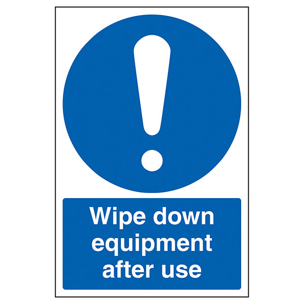 My Store’s "Wipe Down Equipment After Use" sign features blue and white colors with an exclamation mark, reminding users to maintain hygiene and follow Covid-secure protocols after using equipment.