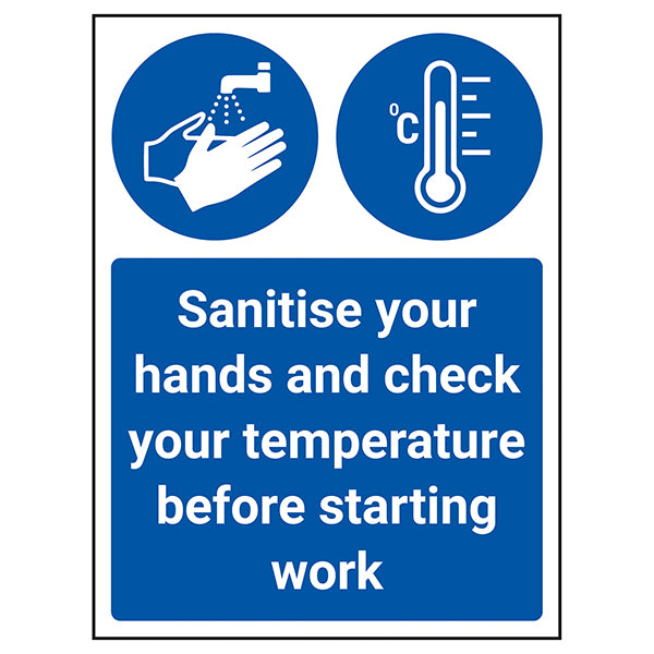 Sanitise Hands And Check Temperature Safety Sign Workplace