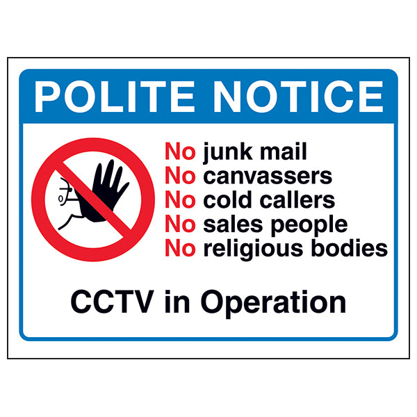 No Junk Mail Sign Polite Notice CCTV In Operation Homeowners