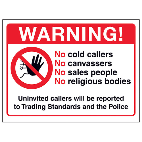 My Store’s Cold Caller Signs For Homes keeps unwanted mail and visitors away—warns no cold callers, canvassers, salespeople, or religious groups. Features a stop-hand image. Uninvited callers will be reported to Trading Standards and the Police.