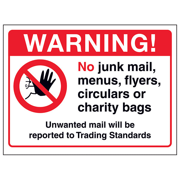 The My Store No Junk Mail Sign For Homes deters cold callers, flyers, menus, and charity bags. Features a no symbol over a hand holding mail—an effective way to stop unsolicited mail. Unwanted mail will be reported to Trading Standards.