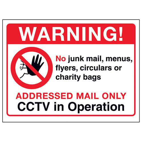 The My Store Addressed Mail Only Sign With CCTV In Operation for homeowners warns: addressed mail only—no junk mail, menus, flyers, or charity bags. Includes hand and mail graphic behind a red prohibition symbol; CCTV in use.