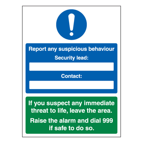 Suspicious Behaviour Safety Sign Urgent Report For Staff