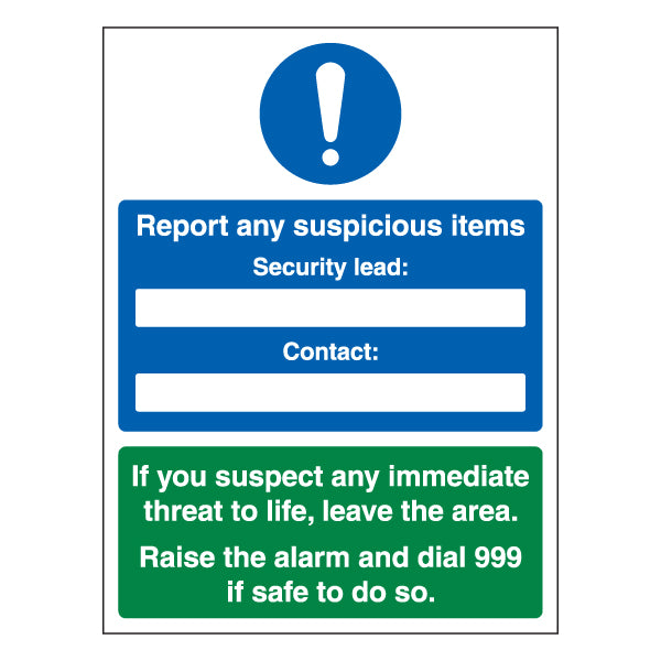 Suspicious Items Safety Sign For Workplace Security Alert