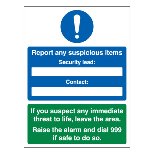 Suspicious Items Safety Sign For Workplace Security Alert