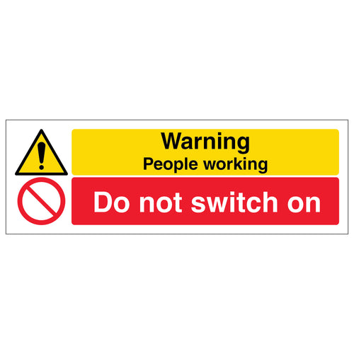 The My Store Warning Sign For Workers Do Not Switch On Landscape features “Warning People working” in yellow and a red prohibition with “Do not switch on.” Ideal workplace safety signage to ensure compliance and hazard awareness.