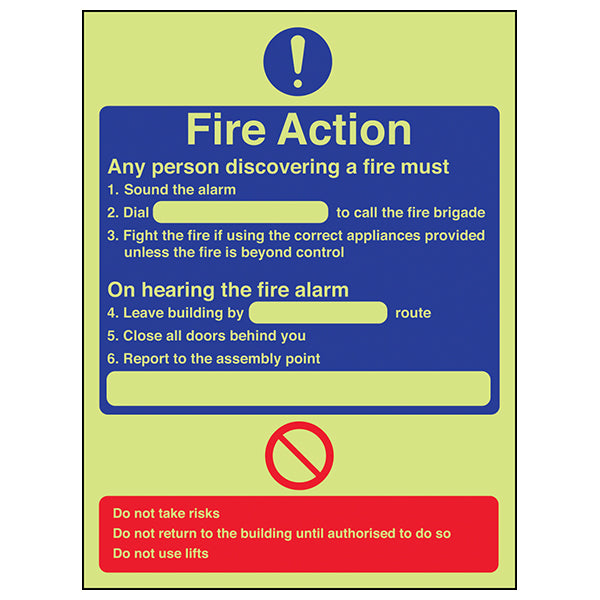GITD Fire Action Glow Safety Sign Essential For Workplace