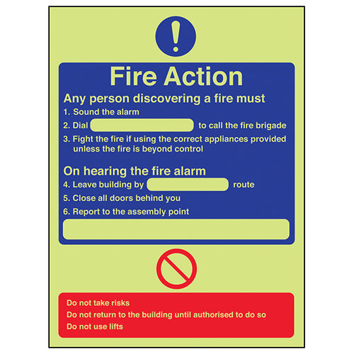 GITD Fire Action Glow Safety Sign Essential For Workplace