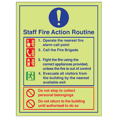 Photoluminescent Staff Fire Action Safety Sign For Buildings