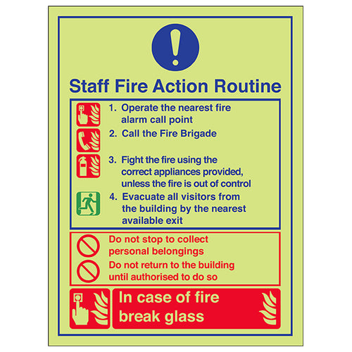 Staff Fire Action Safety Sign Photoluminescent Essential