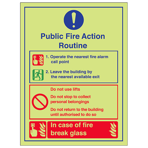 Photoluminescent Fire Action Safety Sign For Public