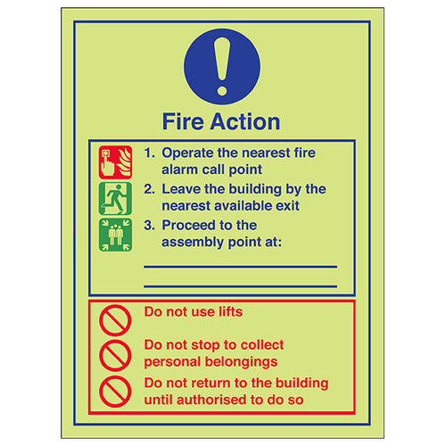 Fire Action Do Not Use Lifts Glow Safety Sign For Premises