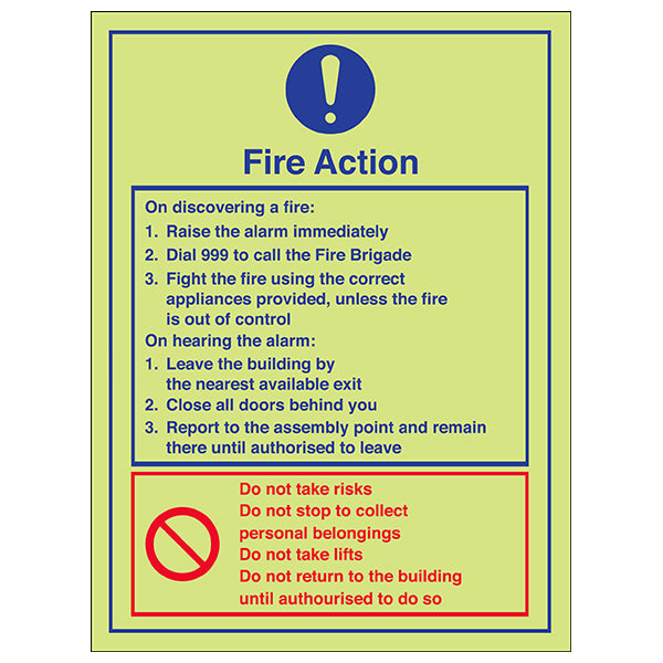Fire Action Instructions Photoluminescent Safety Sign Office