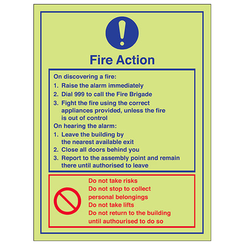 Fire Action Instructions Photoluminescent Safety Sign Office