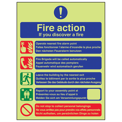 GITD Fire Action Safety Sign Photoluminescent For Workplaces