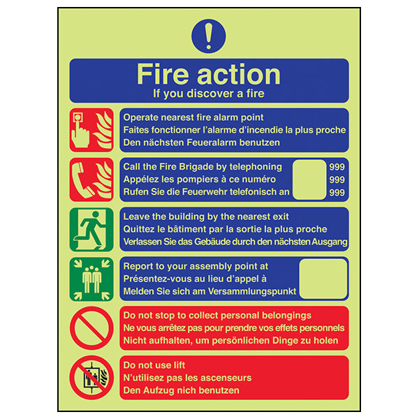 GITD Fire Action Safety Sign Photoluminescent For Workplaces