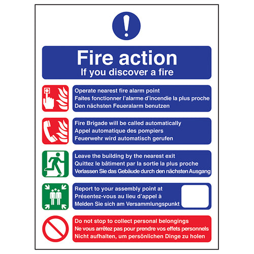 Multilingual Fire Action Safety Sign For Workplaces BS5499