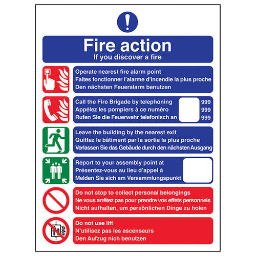 Multi Lingual Fire Action Safety Sign Clear For Workplace