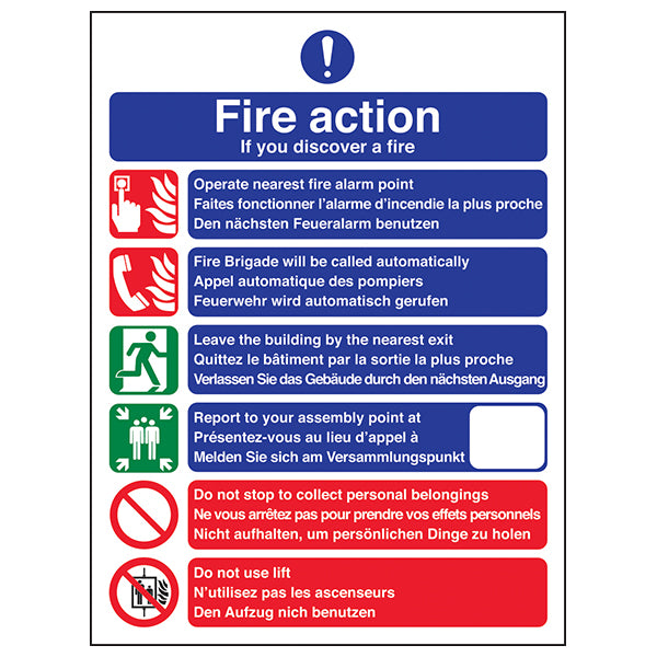Multilingual Fire Action Safety Sign For Workplaces Now